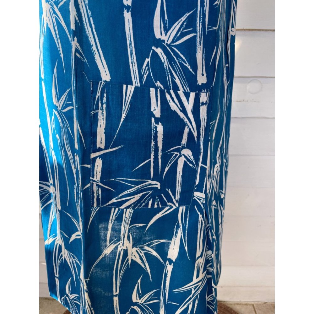 Vintage 1970s Bamboo Print Blue House Dress Eyelet Lace XL - Picture 11 of 14